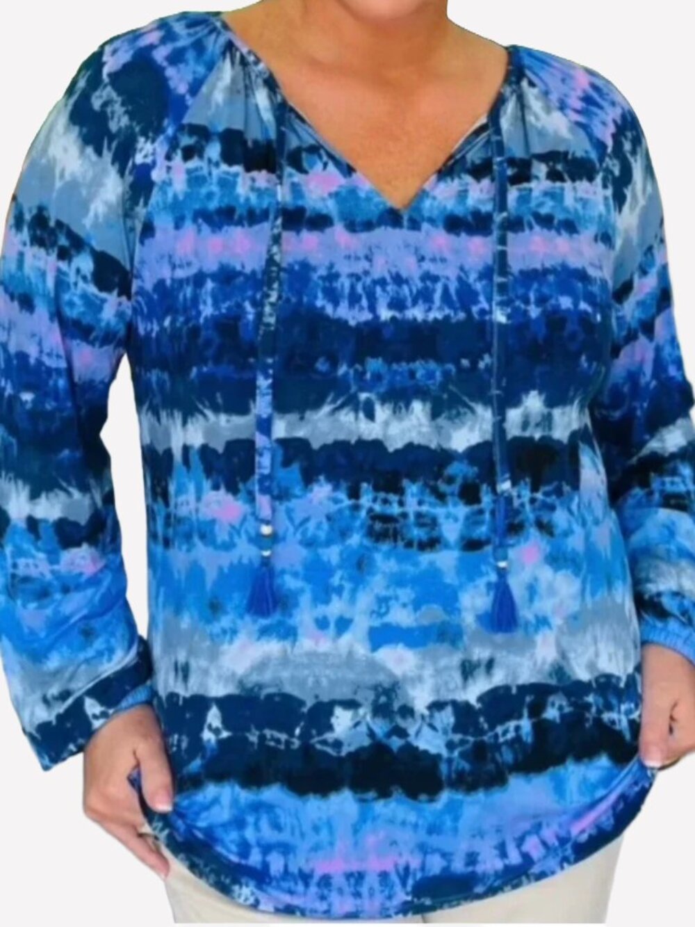 Belle by Kim Gravel Rayon Spandex Painted Desert Tassel Peasant Blouse Blue L